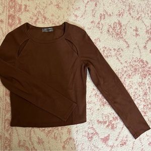 Brown Fall Anthropology Ribbed Cut-out Long Sleeve Top